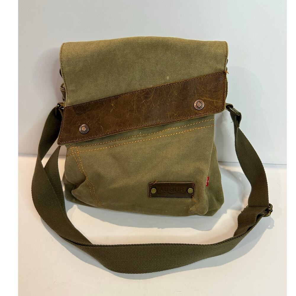 Augur Canvas Leather Crossbody Messenger Bag Brown Vintage Rustic Style Unisex